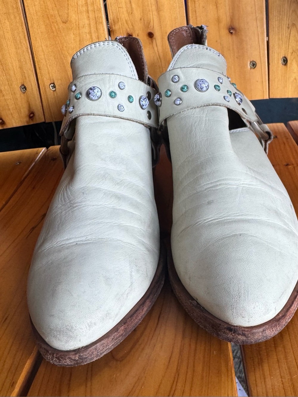 Frye Cream Leather Studded Ankle Booties